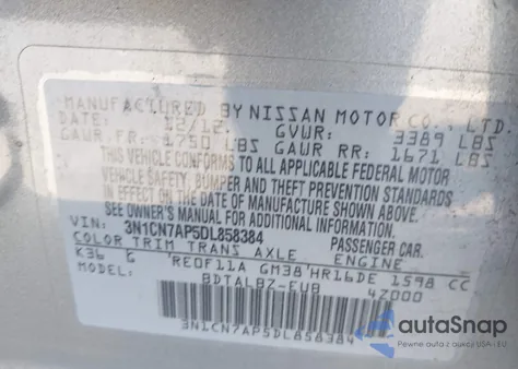 2013 Nissan Versa 1.6 Sv from USA, damaged, VIN 3N1CN7AP5DL858384